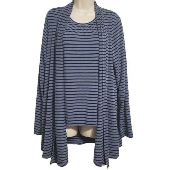 LL Bean Twinset XL Open Front Cardigan Tank Top Jersey Knit Navy Blue Stripe - Picture 1 of 14